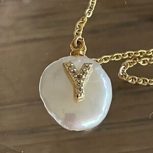 JK NY Simulated Pearl and  Crystal  Initial Necklace Y
